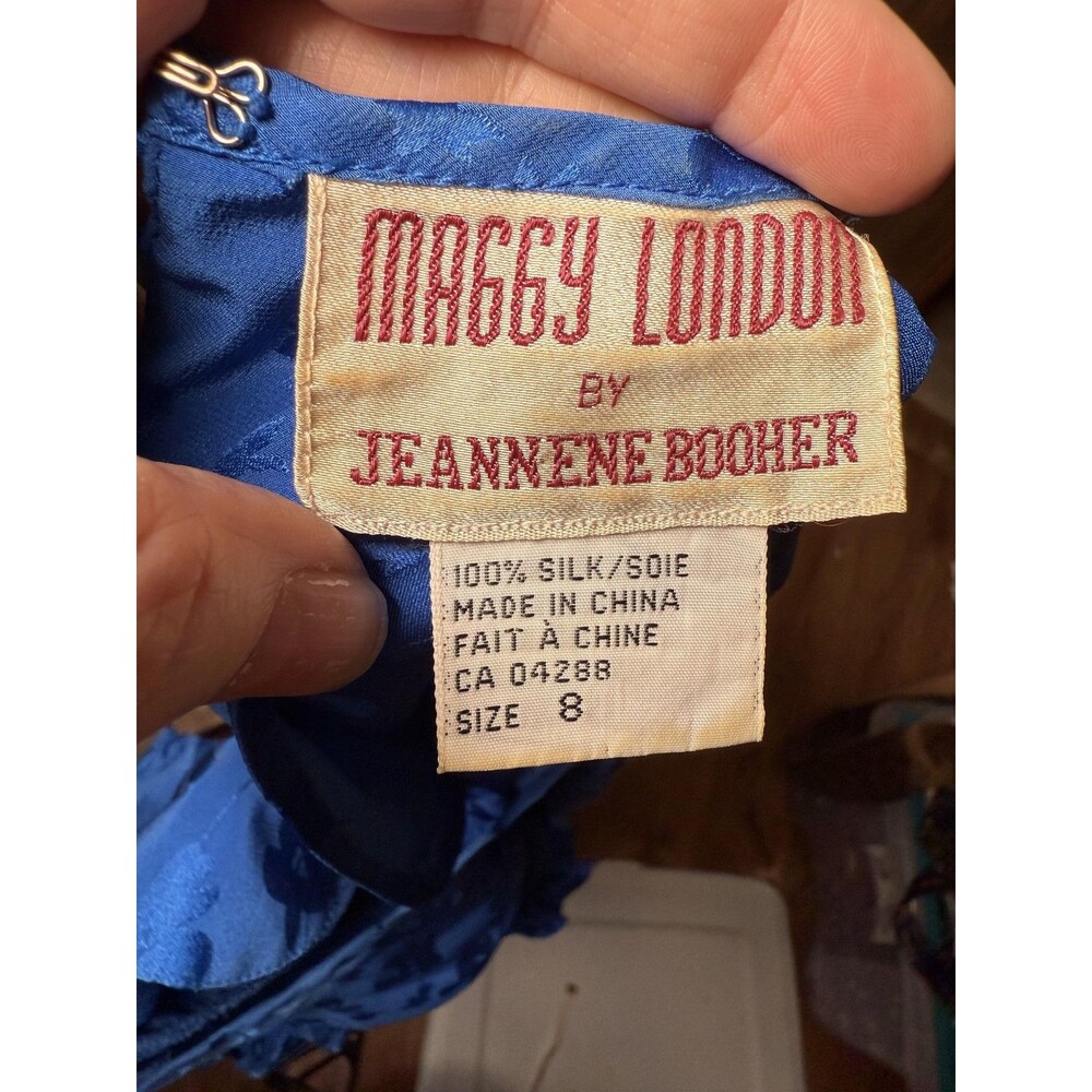 Vintage 80s Maggy London silk Dress Womens 8 Blue Jaquard Puff Sleeve Ruffle - Picture 6 of 6
